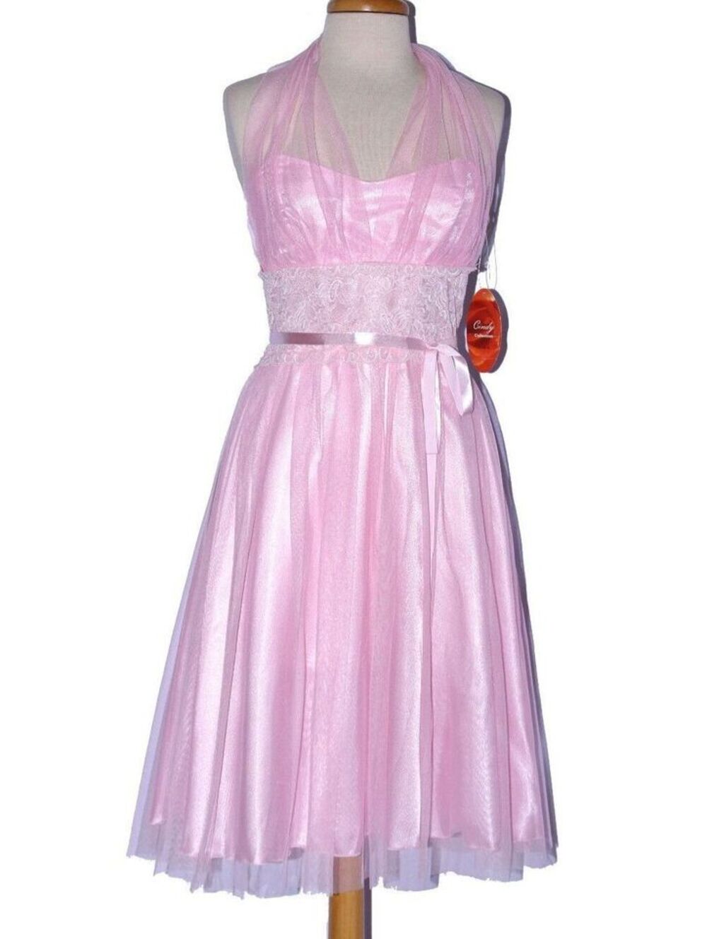 Cindy #1092 Satin and Tulle Halter Special Occasion Dress-Size L-PINK -NEW